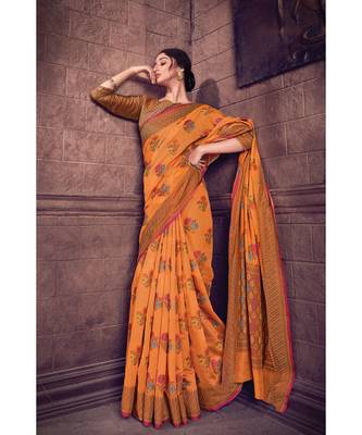 Sangam Prints Orange Cotton Handloom Woven Work Traditional Saree 1