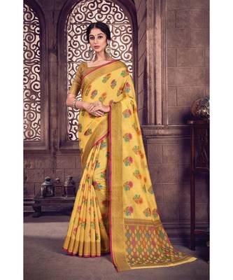 Sangam Prints Yellow Cotton Handloom Woven Work Traditional Saree 1