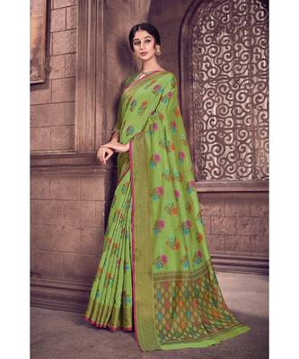 Sangam Prints Green Cotton Handloom Woven Work Traditional Saree 1