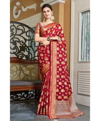 Sangam Prints Maroon Handloom Silk Woven Work Traditional Saree 1
