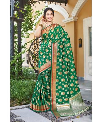 Sangam Prints Green Handloom Silk Woven Work Traditional Saree 1