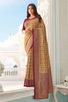 Sangam Prints Beige Pure Handloom Silk Woven Work Traditional Saree