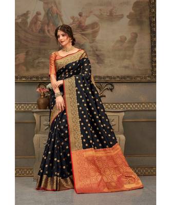Sangam Prints Black Handloom Silk Woven Work Traditional Saree 1
