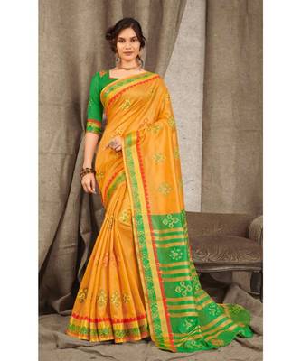 Sangam Prints Yellow Cotton Handloom Woven Work Traditional Saree 1