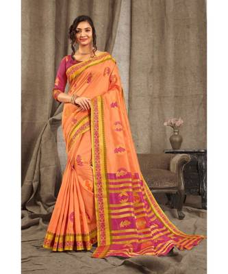Sangam Prints Peach Cotton Handloom Woven Work Traditional Saree 1