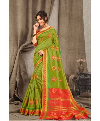 Sangam Prints Green Cotton Handloom Woven Work Traditional Saree 1