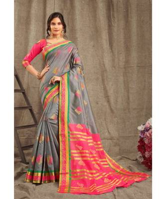 Sangam Prints Grey Cotton Handloom Woven Work Traditional Saree 1