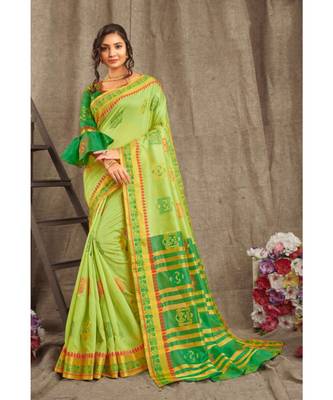 Sangam Prints Green Cotton Handloom Woven Work Traditional Saree 1
