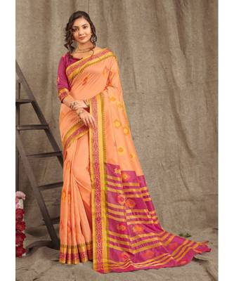 Sangam Prints Peach Cotton Handloom Woven Work Traditional Saree 1