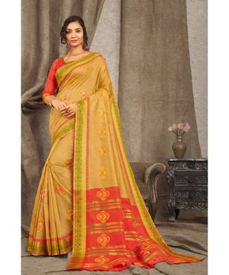 Sangam Prints Golden Cotton Handloom Woven Work Traditional Saree 1