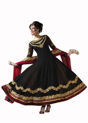 Black embroidered georgette semi stitched salwar with dupatta 1