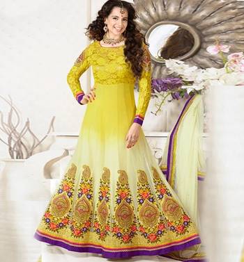 Yellow embroidered georgette semi stitched salwar with dupatta 1