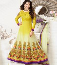 Yellow embroidered georgette semi stitched salwar with dupatta
