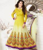 Yellow embroidered georgette semi stitched salwar with dupatta
