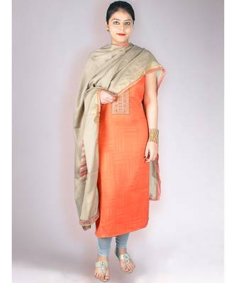 Peachish Orange Pashmina Kurta With Neck Embroidery With Beige Pashmina Shawl And Lower 1