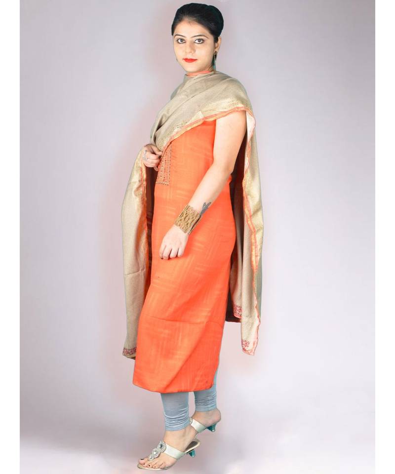 Peachish Orange Pashmina Kurta With Neck Embroidery With Beige Pashmina Shawl And Lower