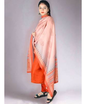 Orangish Red Matte Pashmina 3Pc Suit With Embroidery Highlights 1
