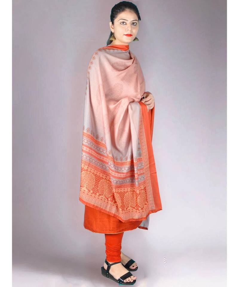 Orangish Red Matte Pashmina 3Pc Suit With Embroidery Highlights