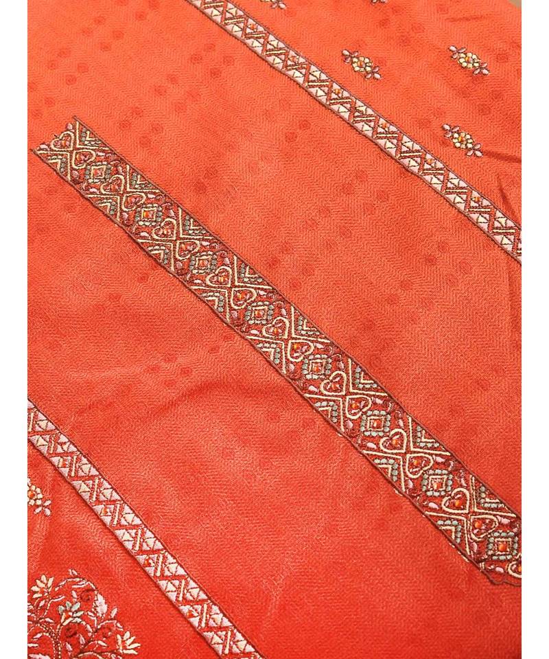 Orangish Red Matte Pashmina 3Pc Suit With Embroidery Highlights