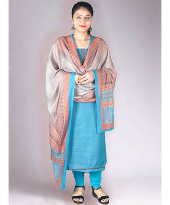 Blue Matte Pashmina 3Pc Suit With Machine Embroidery 1