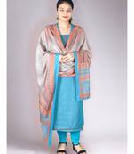 Blue Matte Pashmina 3Pc Suit With Machine Embroidery