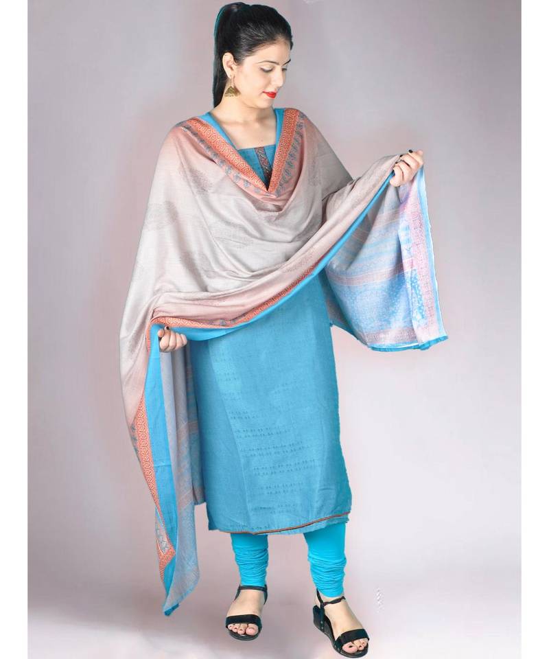 Blue Matte Pashmina 3Pc Suit With Machine Embroidery