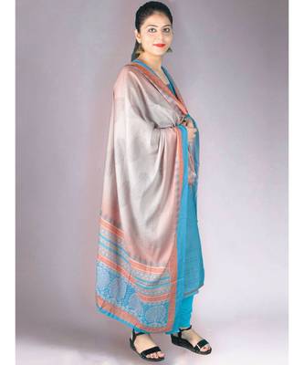 Blue Matte Pashmina 3Pc Suit With Machine Embroidery 3