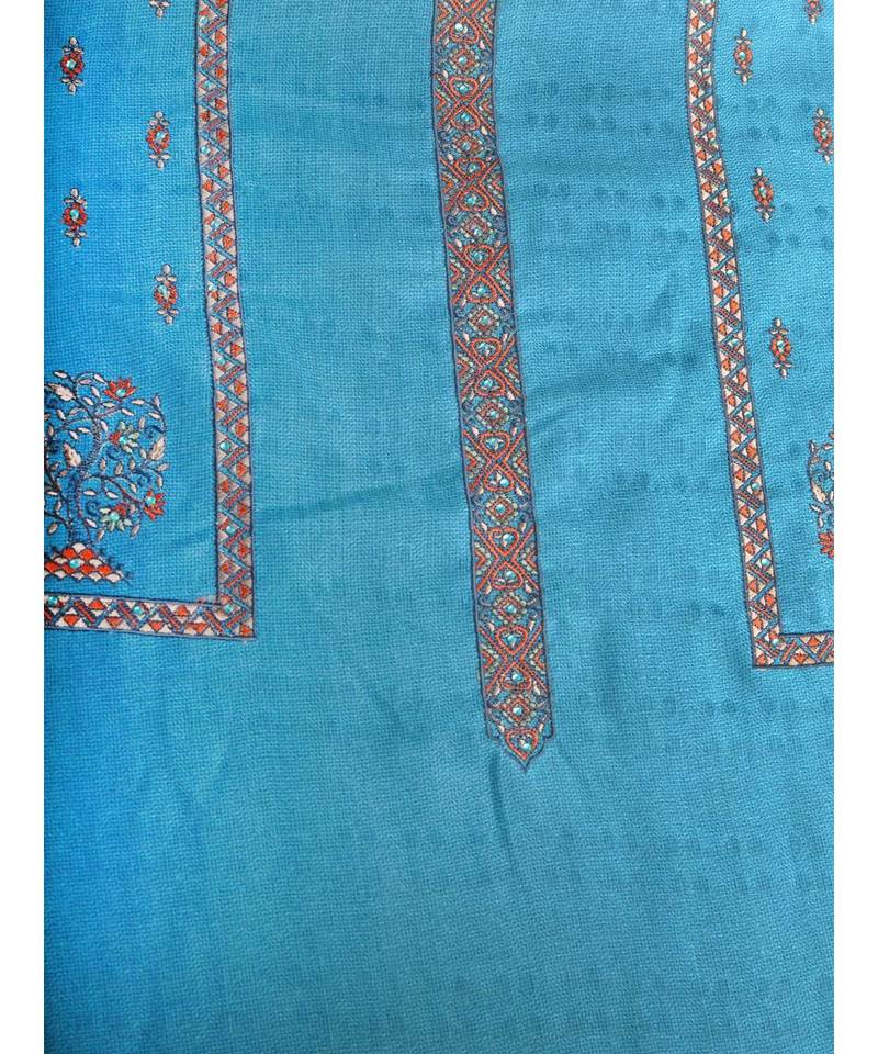 Blue Matte Pashmina 3Pc Suit With Machine Embroidery