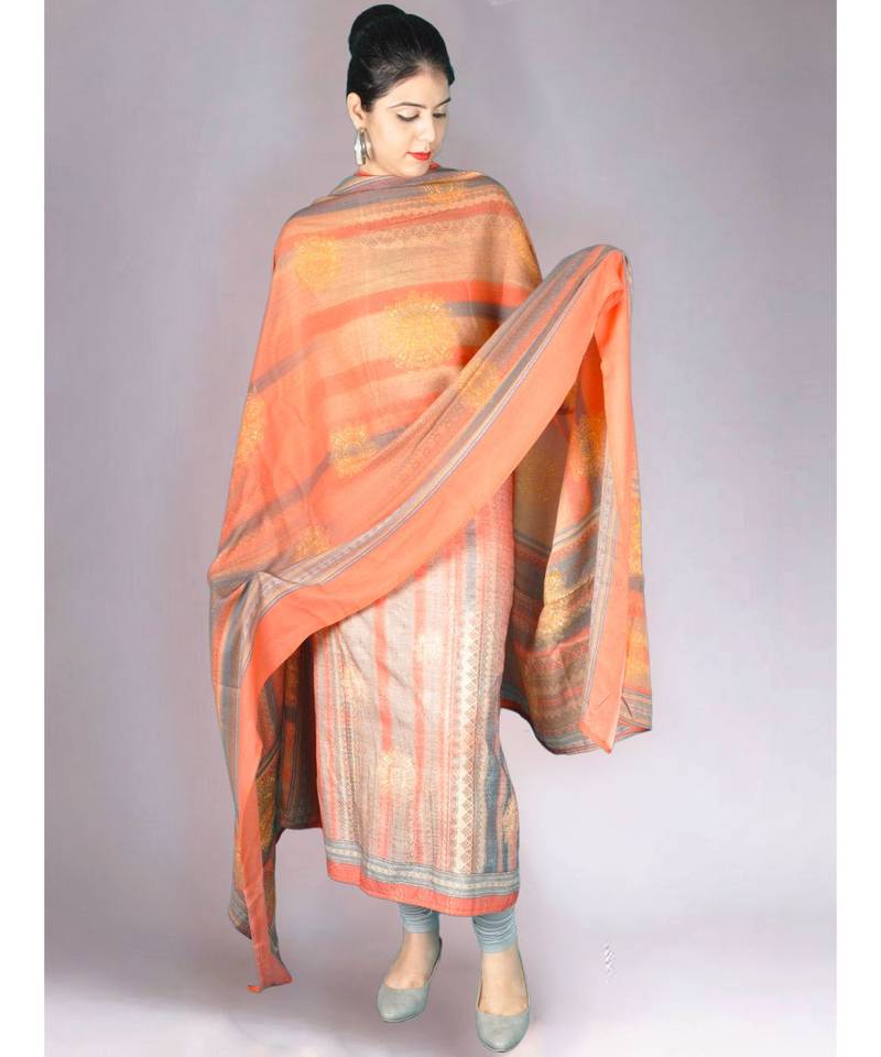 Peach Pashmina 3Pc Suit With Highlights