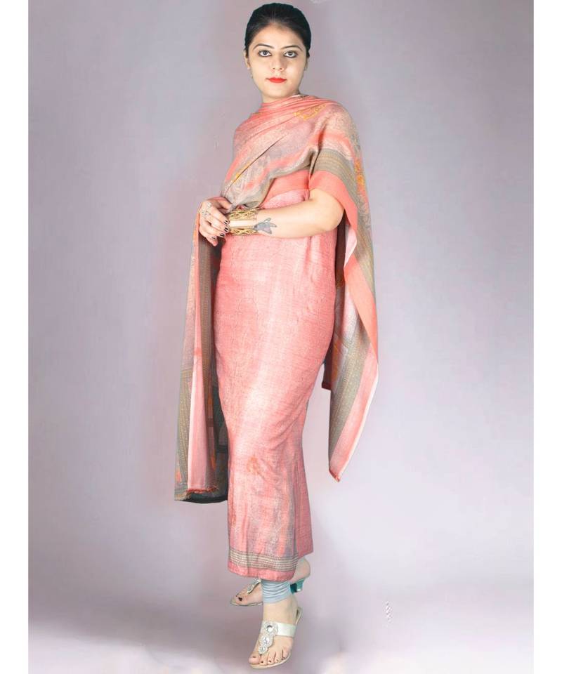 Peach Pashmina Printed 3Pc Suit With Swaroski Work