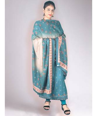 Turquoise Green Printed Pashmina Kurta With Contemporary Shawl And Lower 1
