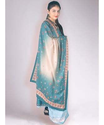 Turquoise Green Printed Pashmina Kurta With Contemporary Shawl And Lower 2