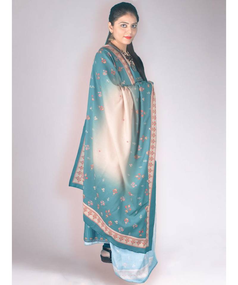 Turquoise Green Printed Pashmina Kurta With Contemporary Shawl And Lower