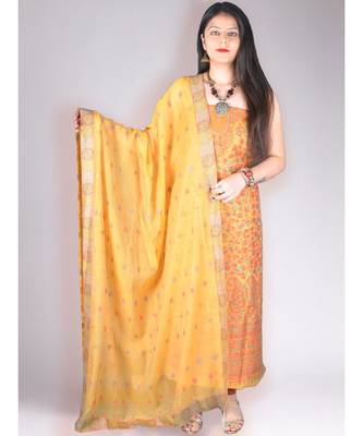 Yellow Pure Pashmina Kurta With Jamawar Weave With Dupatta And Lower Suit Set 1