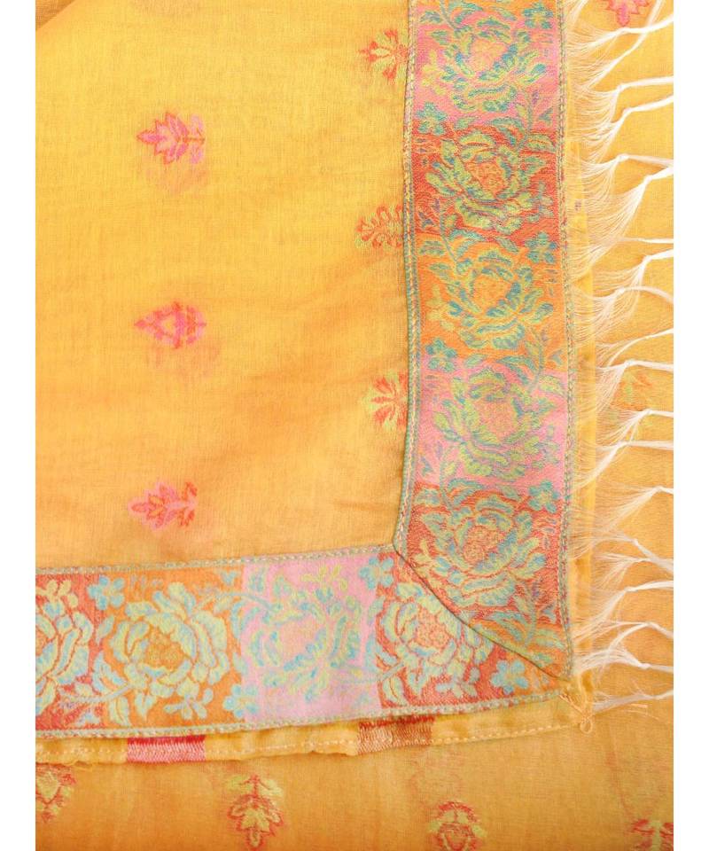 Yellow Pure Pashmina Kurta With Jamawar Weave With Dupatta And Lower Suit Set