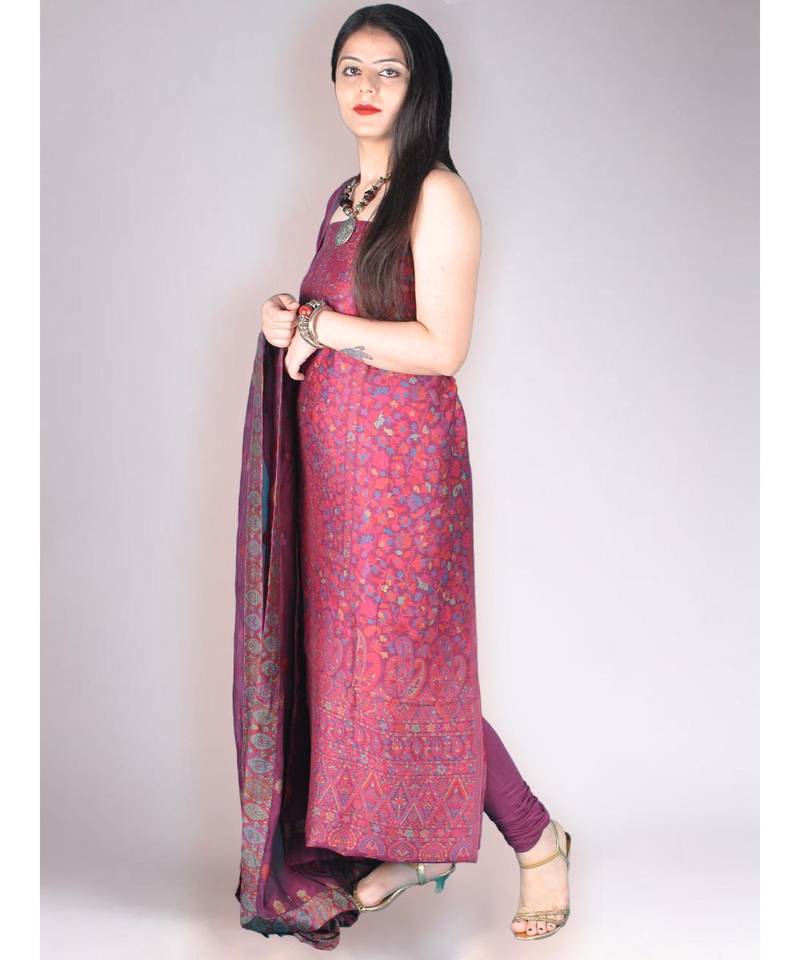Wine Coloured Pure Pashmina Kurta With Jamawar Weave With Dupatta And Lower 3pc Suit Set