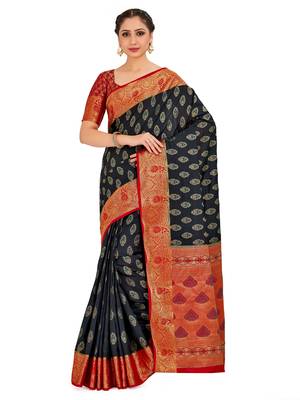 black hand woven art silk saree with blouse 1