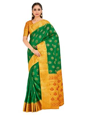 green hand woven art silk saree with blouse 1