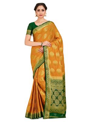 mustard hand woven crepe saree with blouse 1