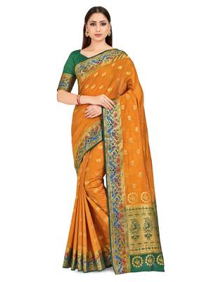 green hand woven art silk saree with blouse 1