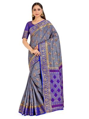 grey hand woven art silk saree with blouse 1