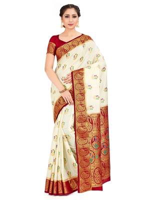 beige hand woven art silk saree with blouse 1