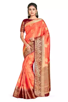 orange hand woven art silk saree with blouse