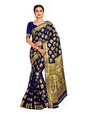 blue hand woven crepe saree with blouse 1