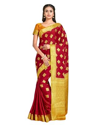 red hand woven crepe saree with blouse 1