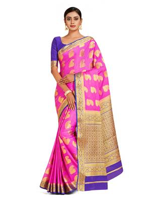 pink hand woven crepe saree with blouse 1