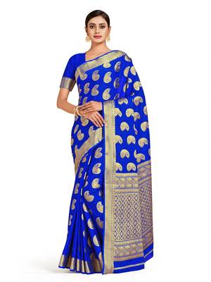 blue hand woven crepe saree with blouse 1