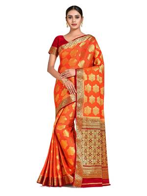 orange hand woven crepe saree with blouse 1