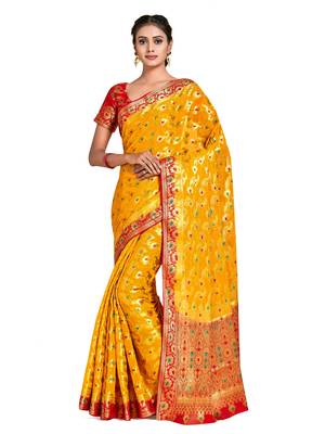 mustard hand woven chiffon saree with blouse 1