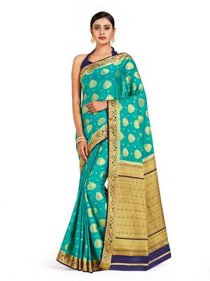 turquoise hand woven crepe saree with blouse 1